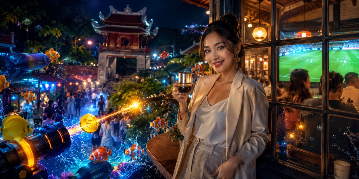 Quán cà phê Hà Nội với màn hình game bắn cá jackpot và không gian giải trí trực tuyến