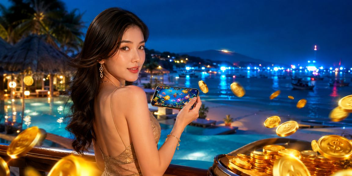 Người chơi thư giãn tại bãi biển Mũi Né, truy cập game trên điện thoại buổi chiều tà