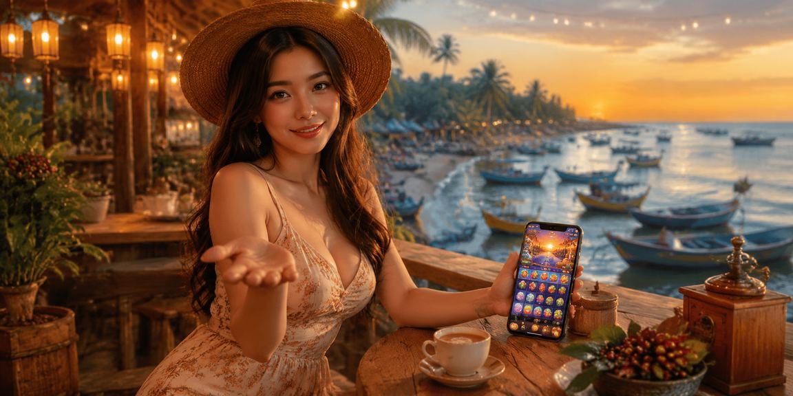 Bãi biển Mũi Né với người dùng trải nghiệm casino di động qua điện thoại bên ly cà phê