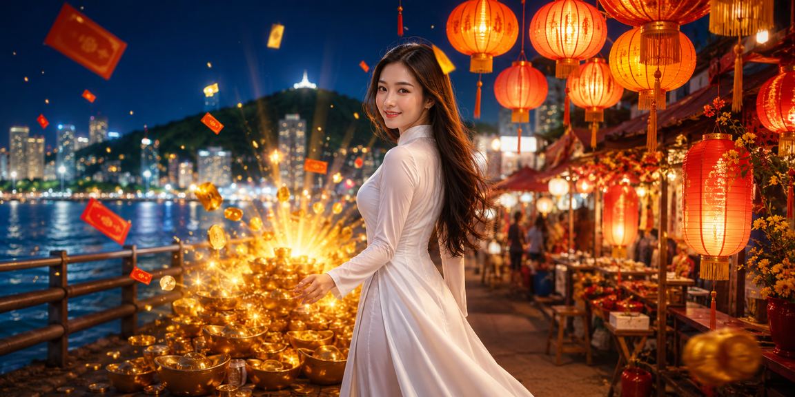 Cảnh Vũng Tàu với người mặc áo dài nhận phong bì đỏ thưởng – biểu tượng may mắn và jackpot lớn